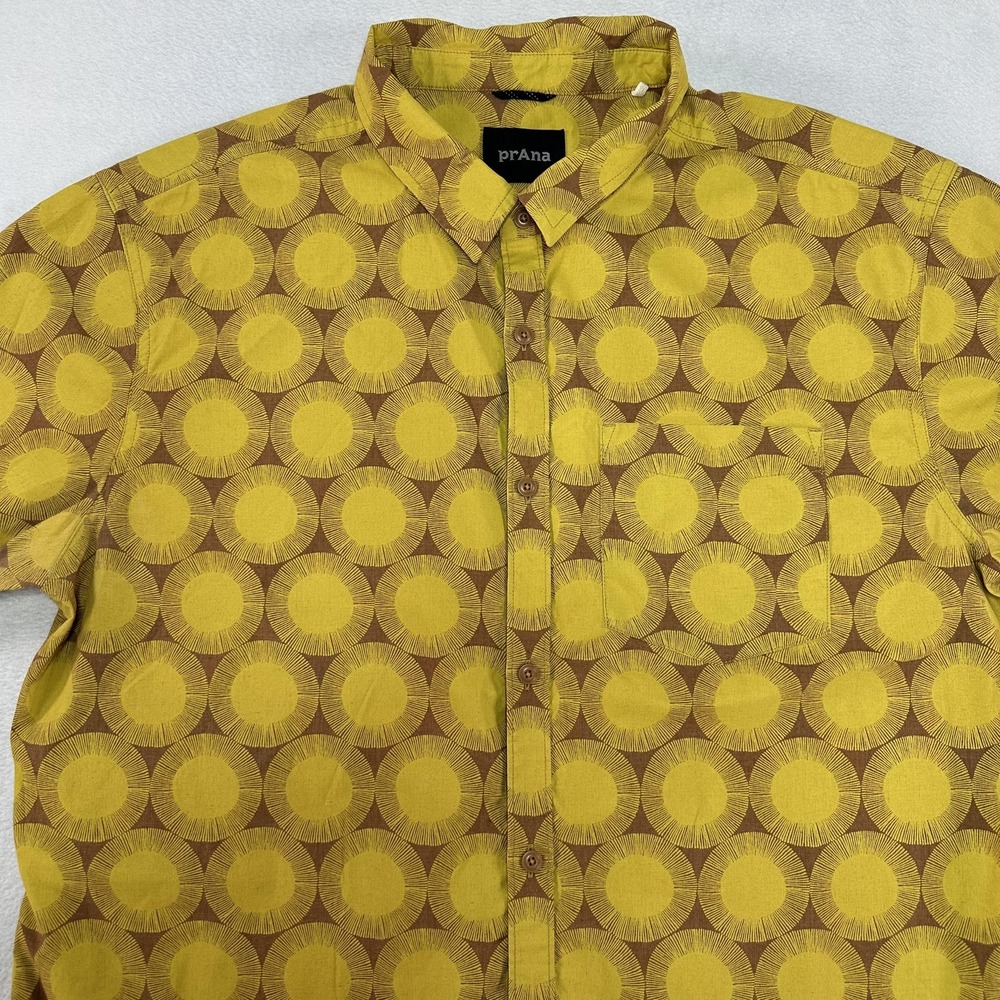 PrAna Shirt‎ Mens Large Yellow Brown Sunburst Short Sleeve Button Down Organic